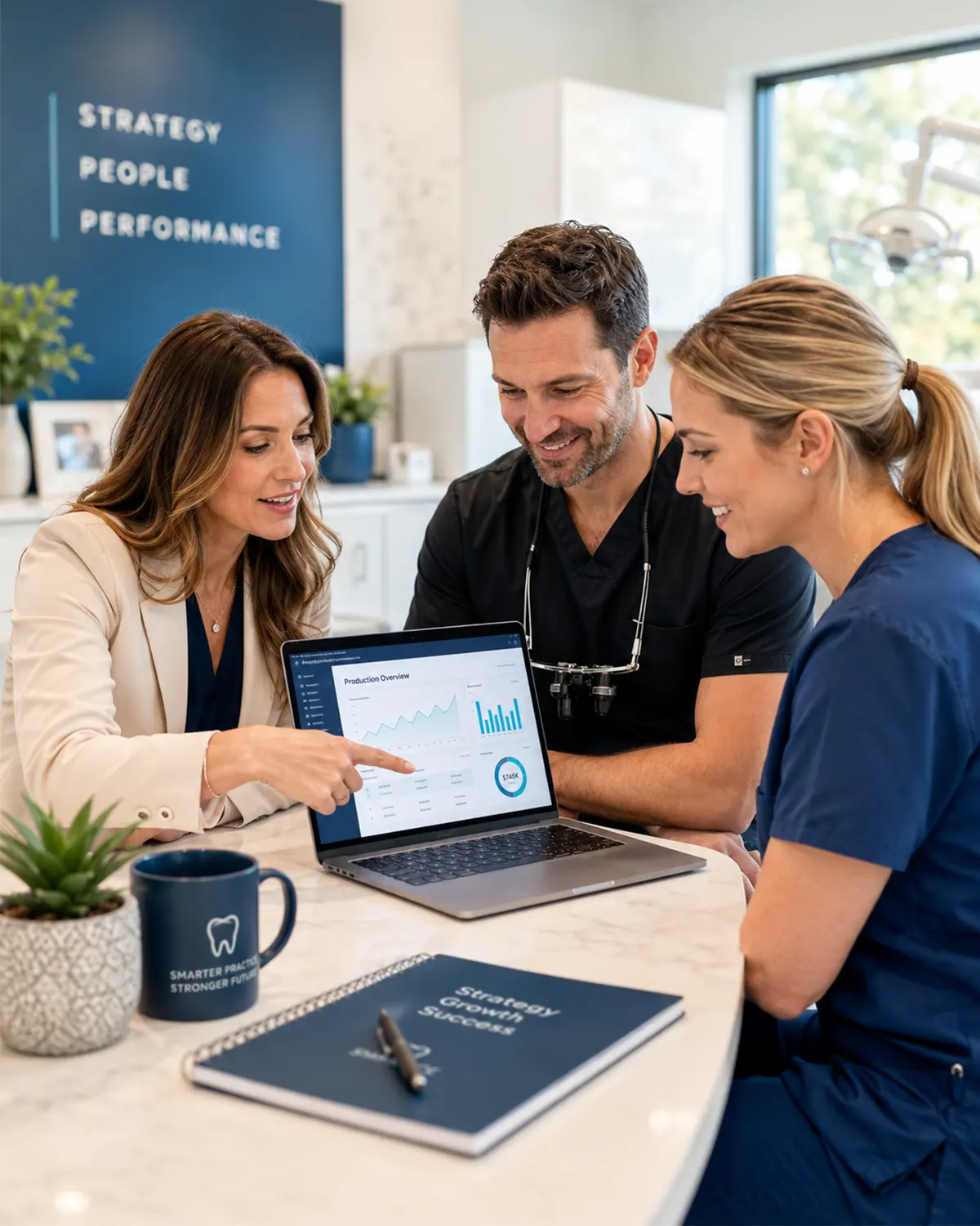 Whitehall Management consultant reviewing dental practice performance data with a dentist and hygienist